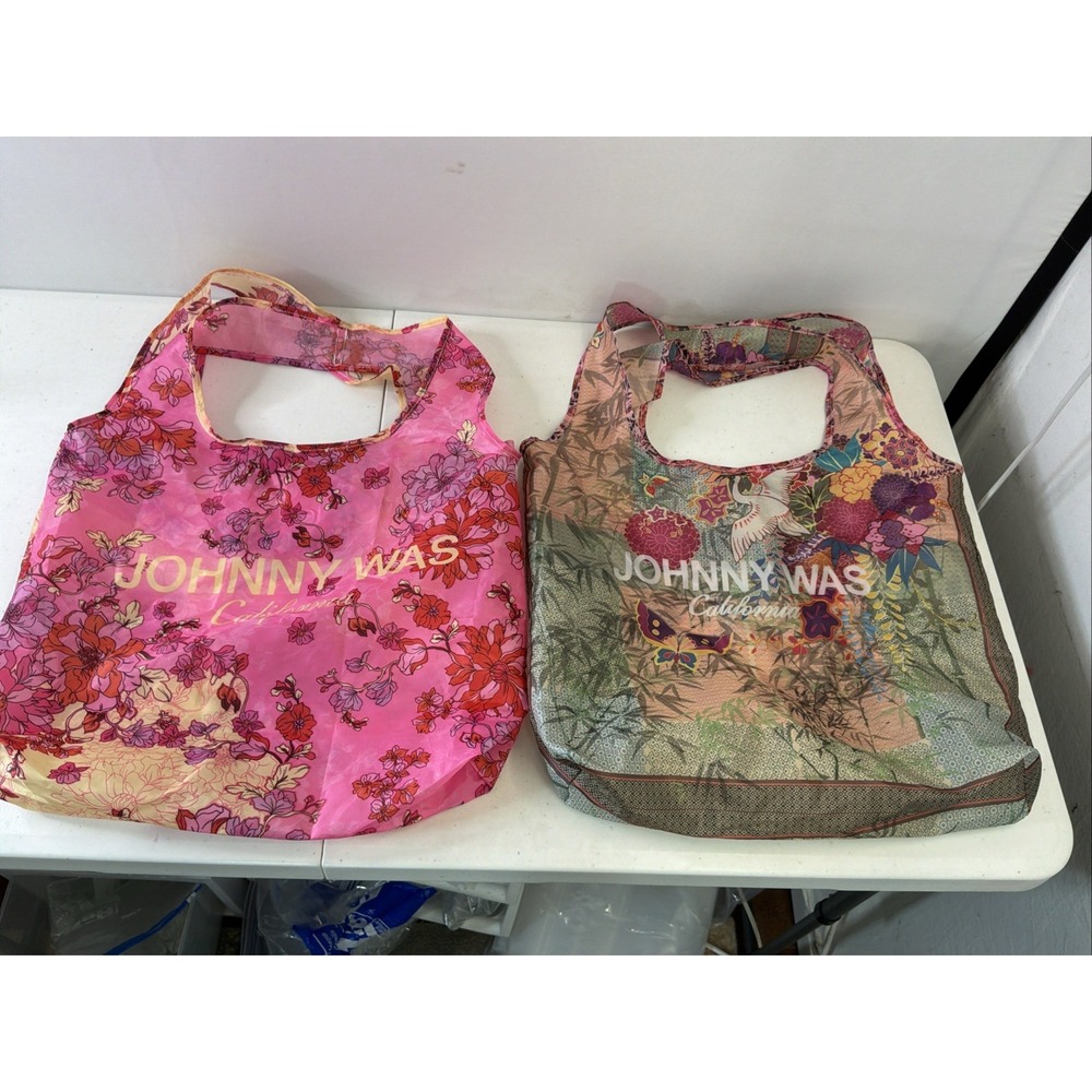 Lot of 2 Johnny Was Reusable Shopping Bags Nylon Pink Colorful Floral
